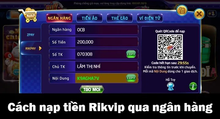 Hướng dẫn nạp tiền Rik vip bằng 04 cách cơ bản