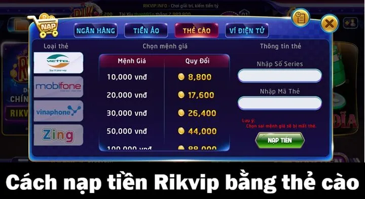 Hướng dẫn nạp tiền Rik vip bằng 04 cách cơ bản